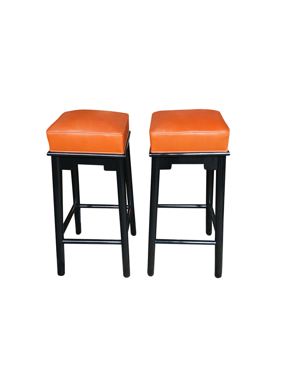 Pair of 1950s Leather & Lacquered Bar Stools in the Style of James Mont