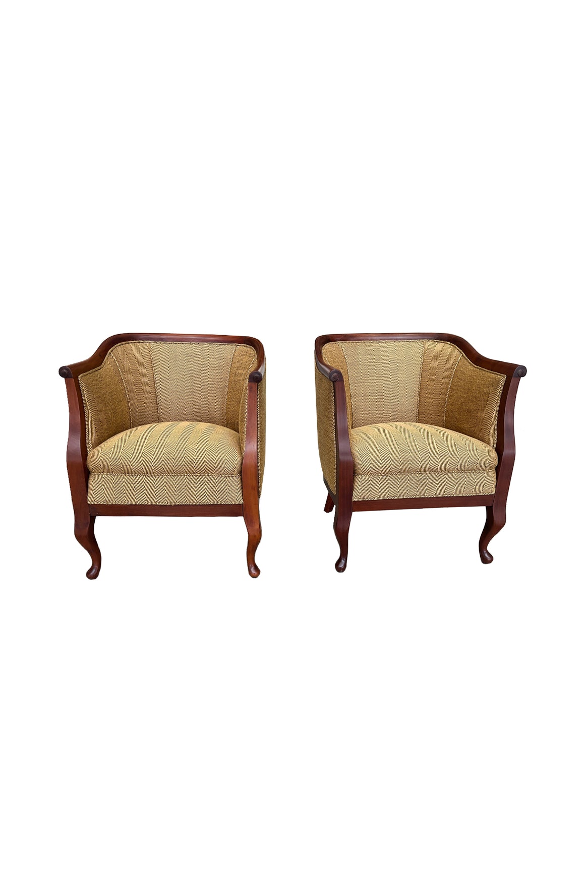 Danish Art Deco Mahogany Lounge Chairs in Donghia Gold Chevron - A Pair
