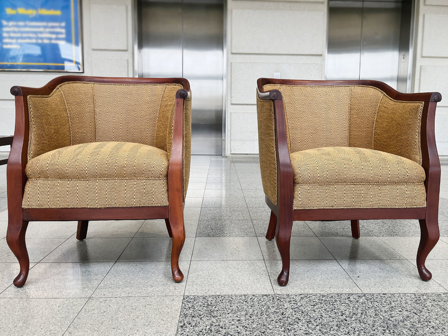 Danish Art Deco Mahogany Lounge Chairs in Donghia Gold Chevron - A Pair