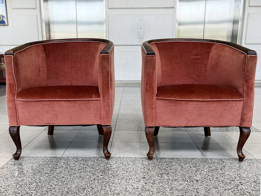 1930s Danish Deco Barrel Club Chairs - A Pair