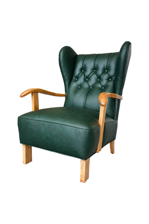 Danish Modern Green Vinyl Wingback Armchair by Fritz Hansen