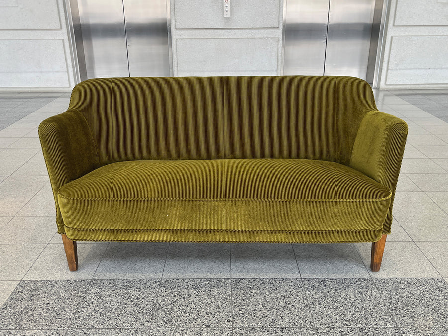 1940s Nanna Ditzel Style Danish Settee, Reupholstered in Green Corduroy