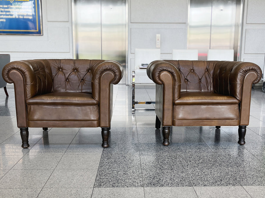 1940s Danish Brown Leather Tufted Club Chairs - A Pair