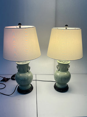 1940s Chinese Celadon Green Ceramic Table Lamps - A Pair