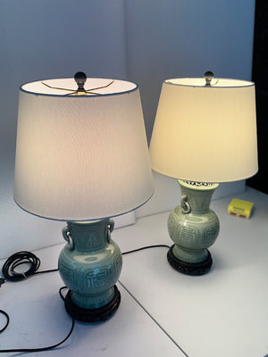 1940s Chinese Celadon Green Ceramic Table Lamps - A Pair