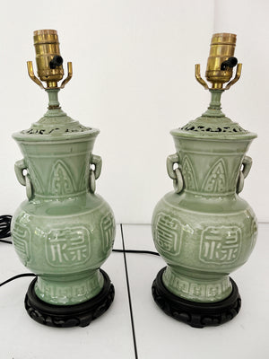 1940s Chinese Celadon Green Ceramic Table Lamps - A Pair