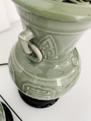 1940s Chinese Celadon Green Ceramic Table Lamps - A Pair