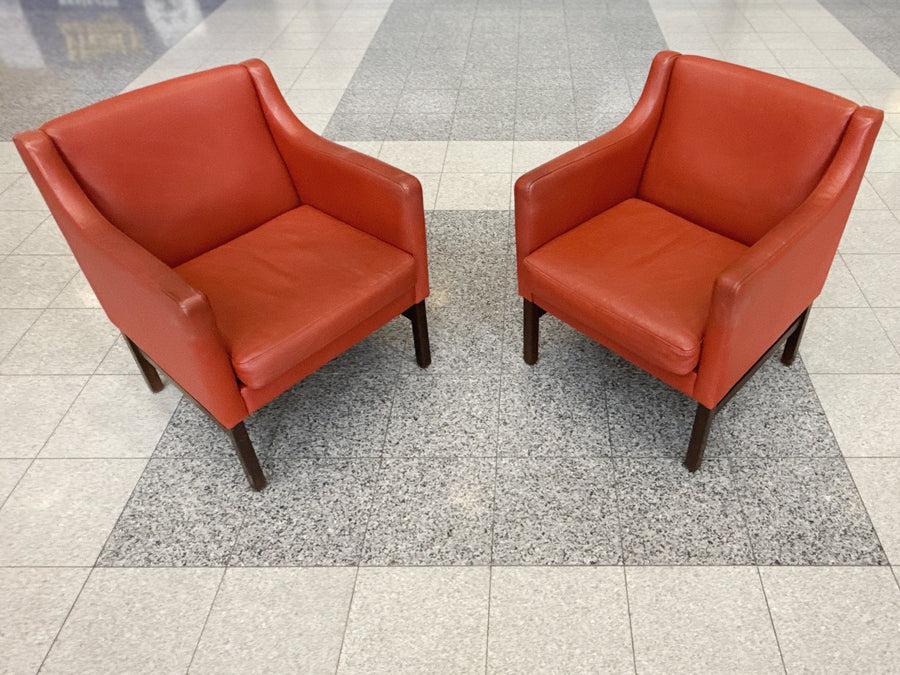 Danish Modern Leather & Beech Lounge Chairs in the Style of Børge Mogensen - A Pair