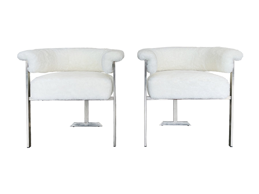 1970s Italian Aluminum & Shearling Three-Legged Side Chairs - A Pair