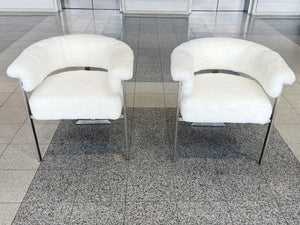 1970s Italian Aluminum & Shearling Three-Legged Side Chairs - A Pair