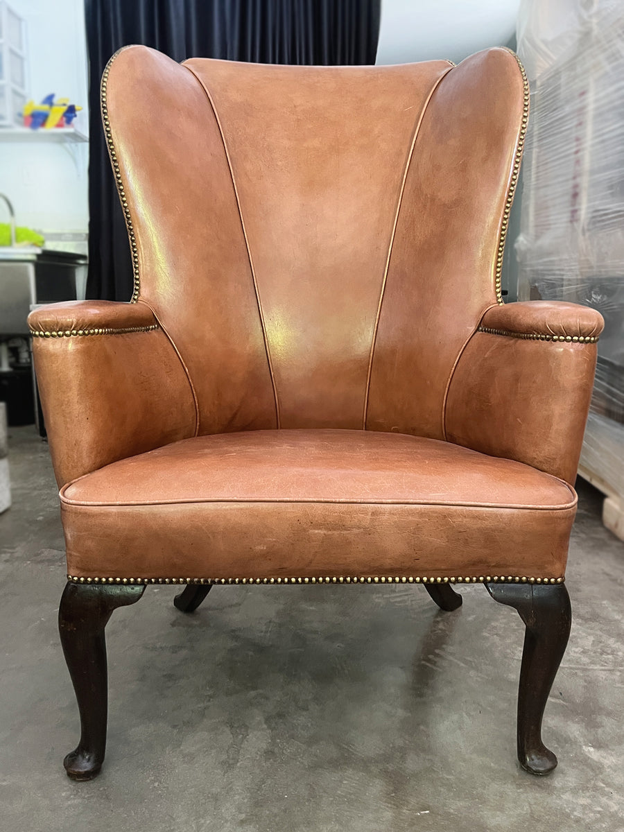 20th Century French Country Style Leather Wingback Armchair