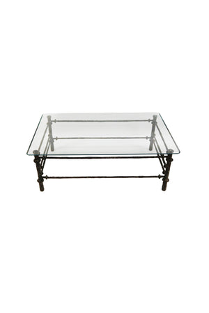 1970s Giacometti Style Patinated Metal & Glass Coffee Table