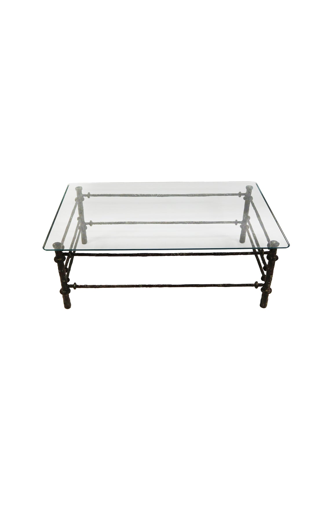 1970s Giacometti Style Patinated Metal & Glass Coffee Table