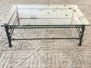 1970s Giacometti Style Patinated Metal & Glass Coffee Table