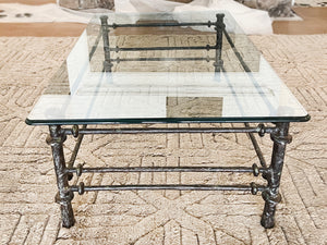 1970s Giacometti Style Patinated Metal & Glass Coffee Table