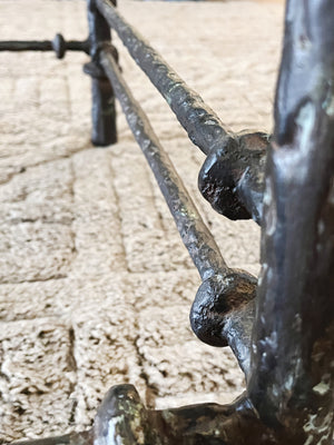 1970s Giacometti Style Patinated Metal & Glass Coffee Table