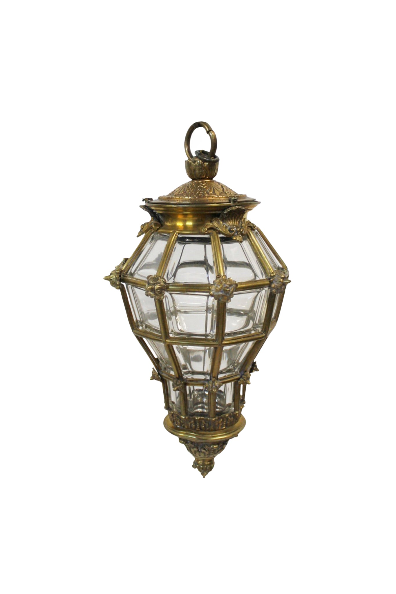 Early 20th Century Brass & Beveled Glass Lantern Pendant Light