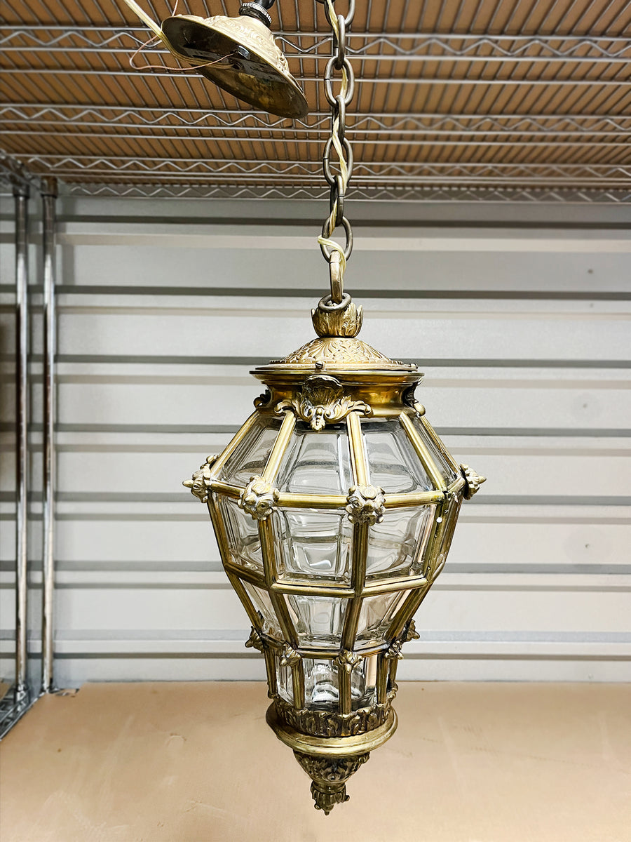 Early 20th Century Brass & Beveled Glass Lantern Pendant Light