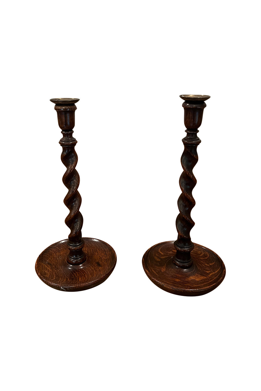 Copy of Pair of Turned Oak Candlesticks with Brass Detail