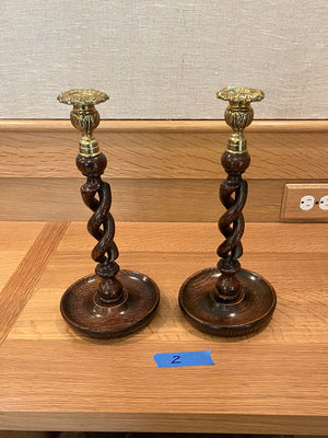 Pair of Turned Oak Candlesticks with Brass Accents