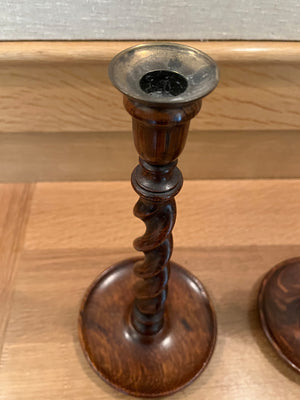 Copy of Pair of Turned Oak Candlesticks with Brass Detail