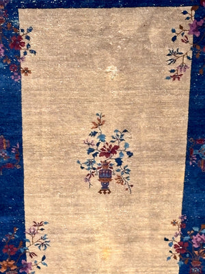 Tan and Navy Chinese Art Deco Rug | 5'3" x 7' 8"