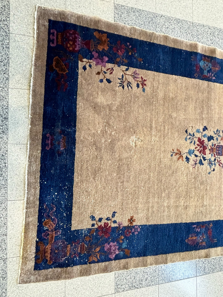 Tan and Navy Chinese Art Deco Rug | 5'3" x 7' 8"