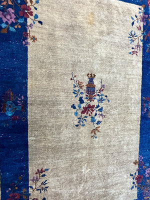 Tan and Navy Chinese Art Deco Rug | 5'3" x 7' 8"