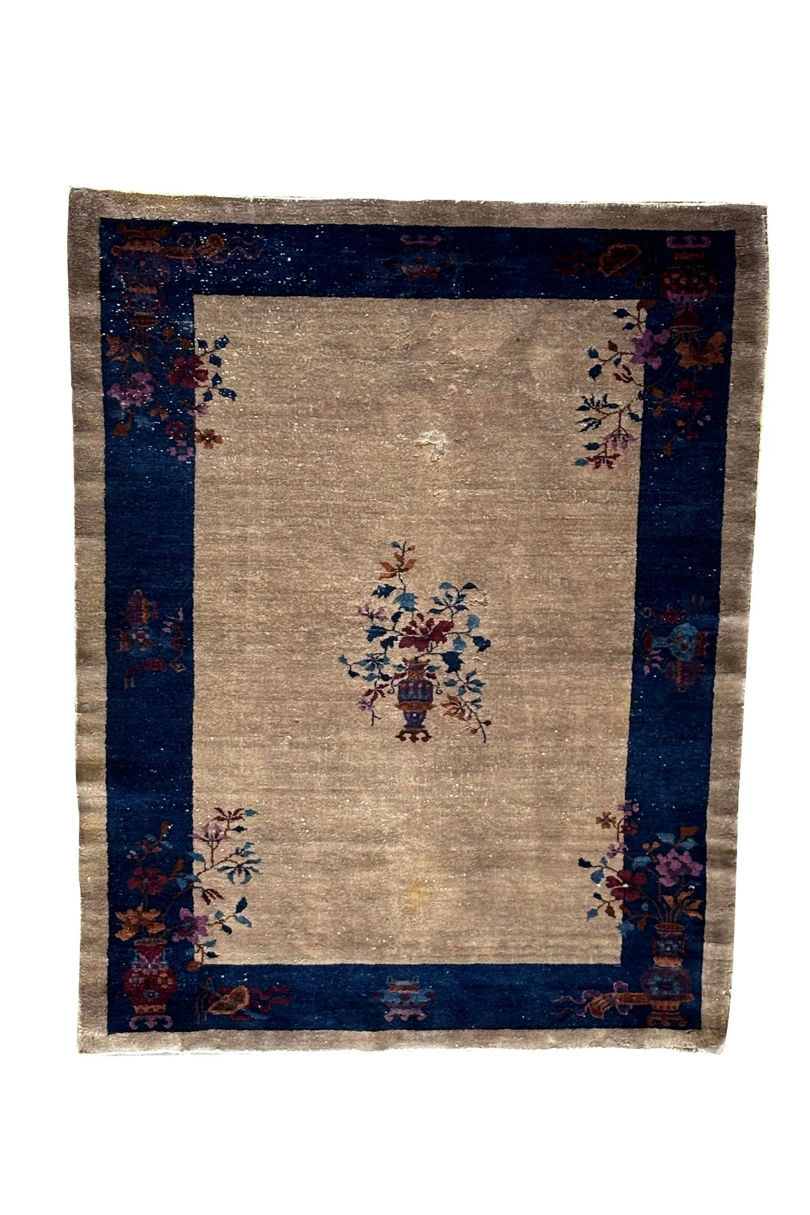 Tan and Navy Chinese Art Deco Rug | 5'3" x 7' 8"