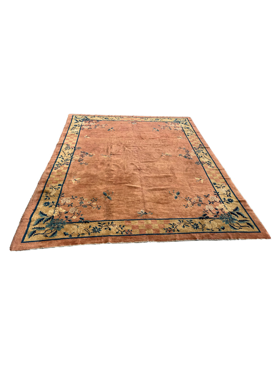 Pink and Tan Chinese Art Deco Rug | 8' 11" x 11' 6"