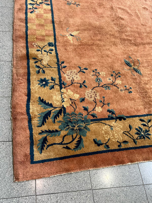 Pink and Tan Chinese Art Deco Rug | 8' 11" x 11' 6"