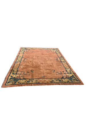 Pink and Tan Chinese Art Deco Rug | 8' 11" x 11' 6"