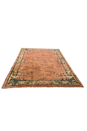 Pink and Tan Chinese Art Deco Rug | 8' 11" x 11' 6"