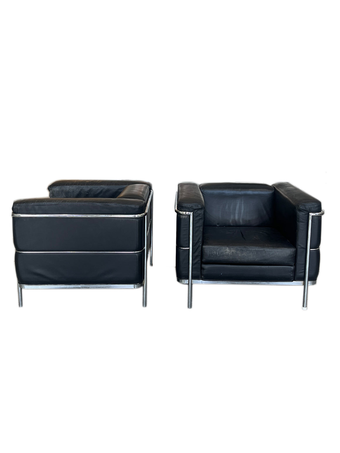 Pair of Black Leather Armchairs in the Style of Le Corbusier