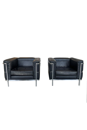 Pair of Black Leather Armchairs in the Style of Le Corbusier