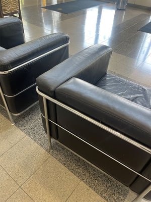 Pair of Black Leather Armchairs in the Style of Le Corbusier