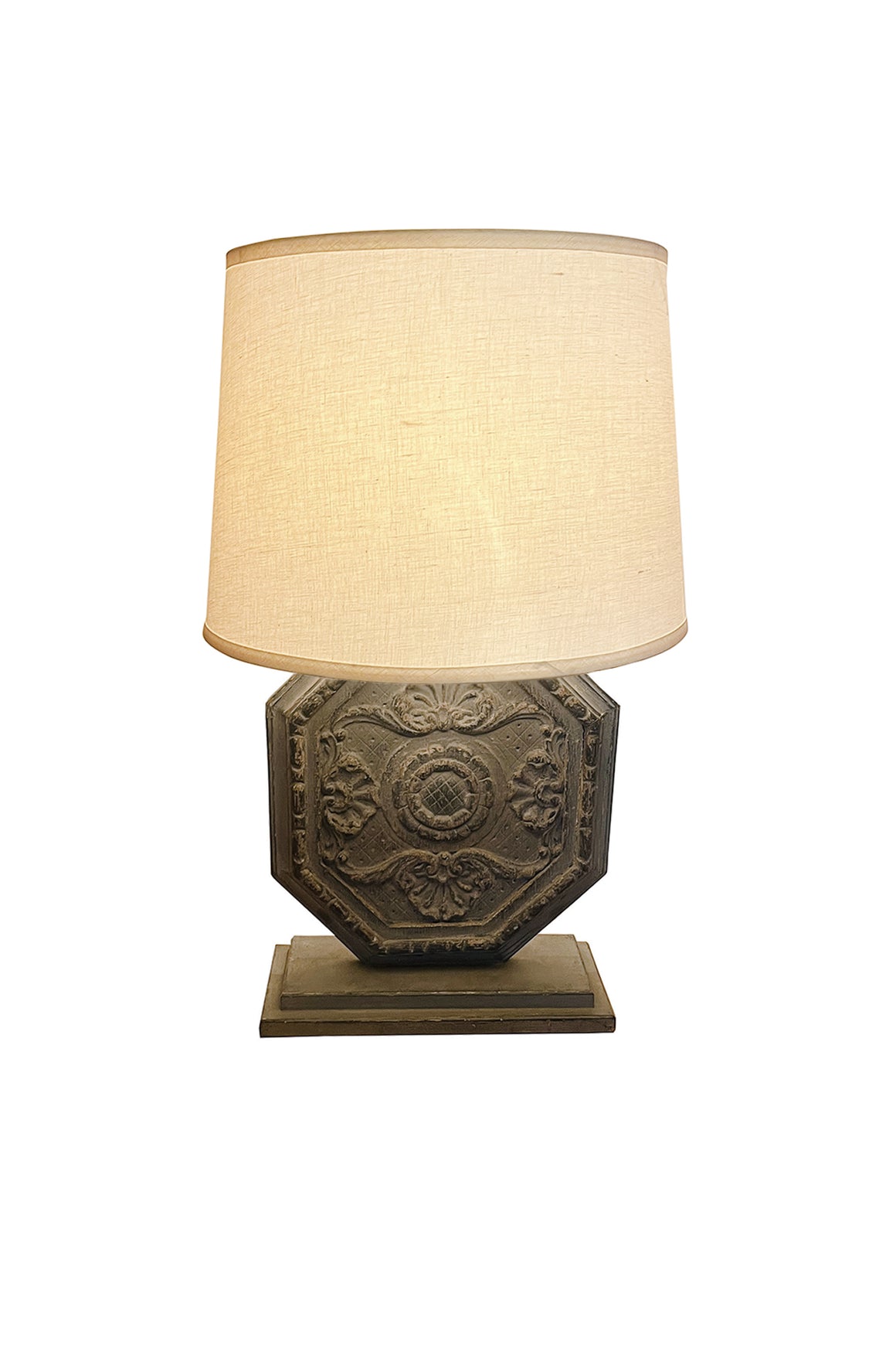 Custom Table Lamp With Carved Shield Form