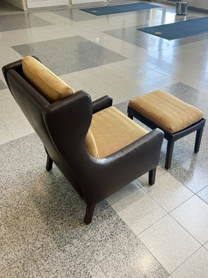 Danish Modern Leather Wingback & Ottoman in the Style of Børge Mogensen