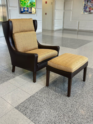 Danish Modern Leather Wingback & Ottoman in the Style of Børge Mogensen