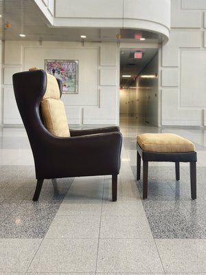 Danish Modern Leather Wingback & Ottoman in the Style of Børge Mogensen