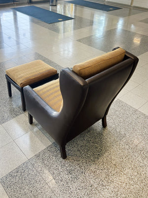 Danish Modern Leather Wingback & Ottoman in the Style of Børge Mogensen