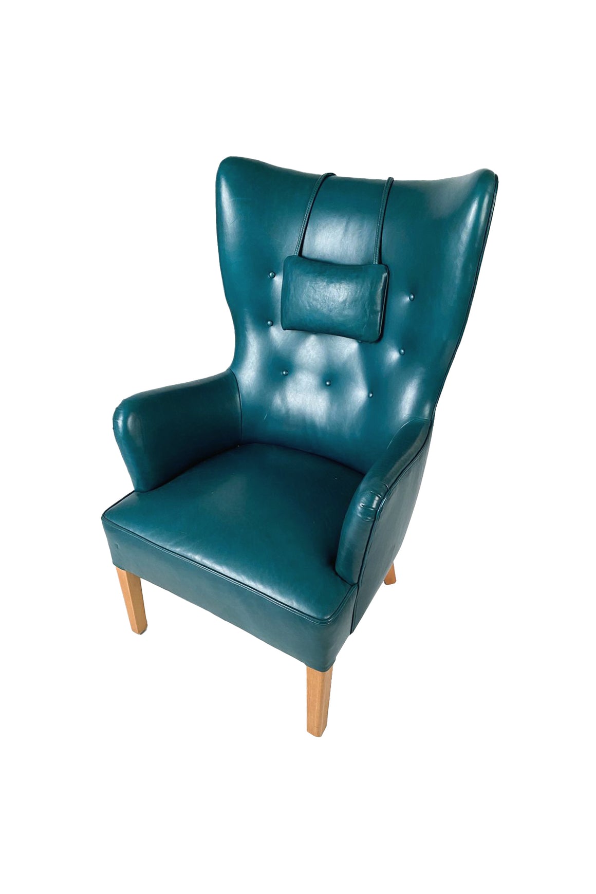 Danish Modern Teal Green Leather Wingback Armchair in the Style of Ole Wanscher