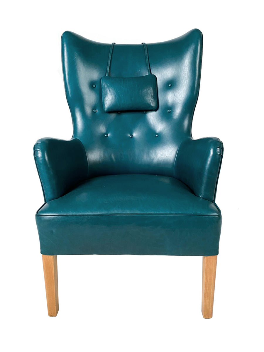 Danish Modern Teal Green Leather Wingback Armchair in the Style of Ole Wanscher