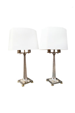 Pair of Art Deco Mixed-Metal Candelabra Table Lamps in the Style of Edgar Brandt