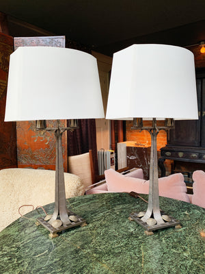 Pair of Art Deco Mixed-Metal Candelabra Table Lamps in the Style of Edgar Brandt