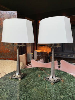 Pair of Art Deco Mixed-Metal Candelabra Table Lamps in the Style of Edgar Brandt