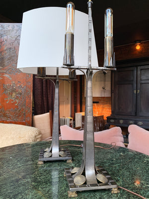 Pair of Art Deco Mixed-Metal Candelabra Table Lamps in the Style of Edgar Brandt