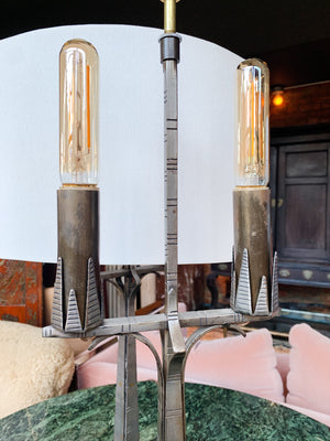 Pair of Art Deco Mixed-Metal Candelabra Table Lamps in the Style of Edgar Brandt