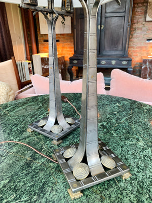 Pair of Art Deco Mixed-Metal Candelabra Table Lamps in the Style of Edgar Brandt