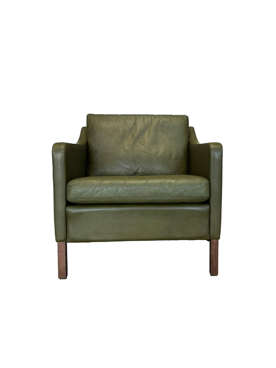 Mid Century Danish Green Leather Armchair in the Style of Borge Mogensen